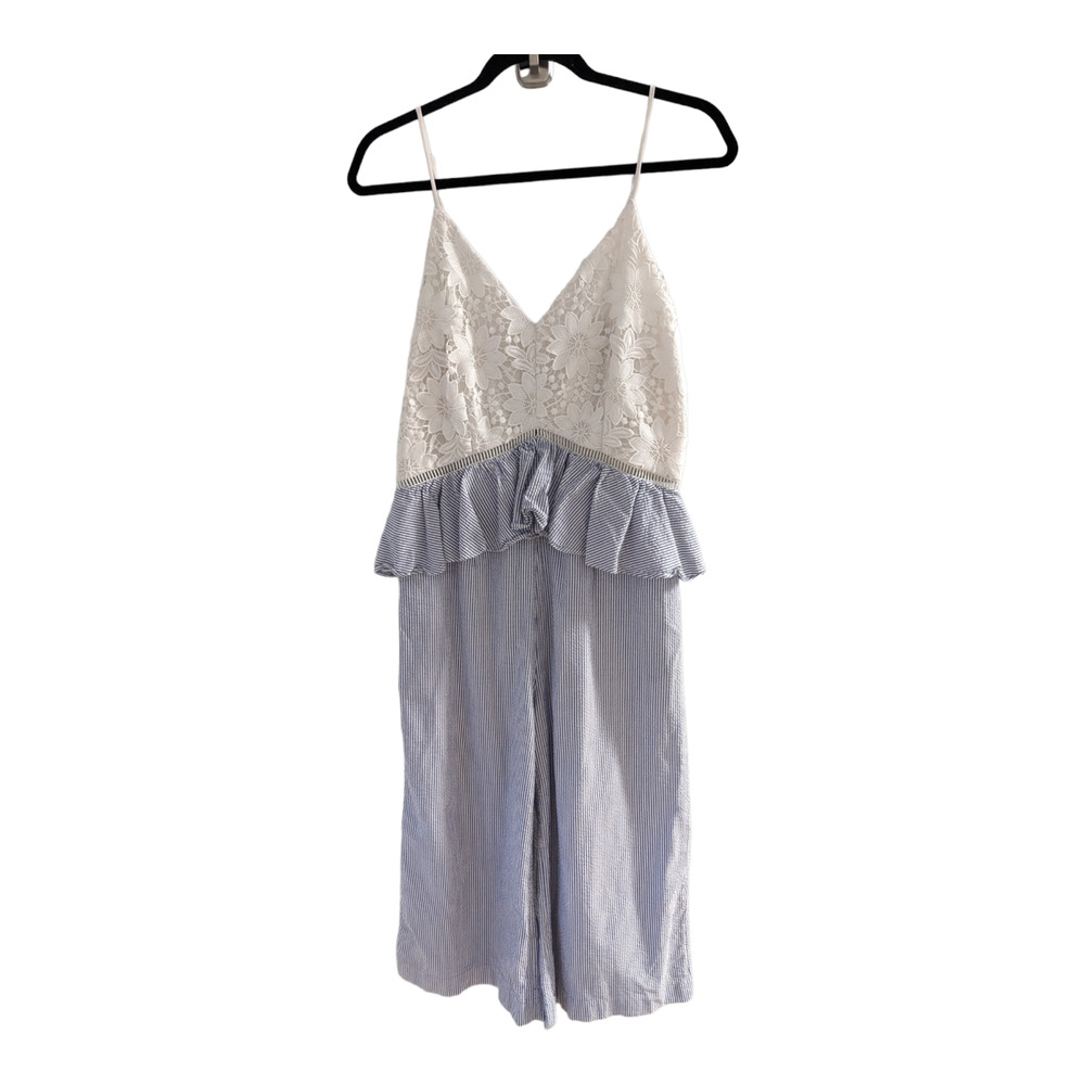 N12H Size 8 Isabella Lace Jumpsuit Blue White Striped Ruffle V Neck Sleeveless